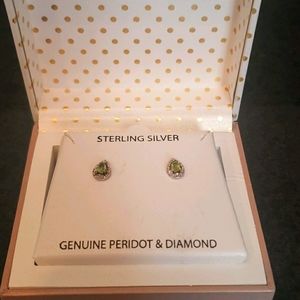 Genuine Peridot and Diamond Earrings/ Sterling Sil